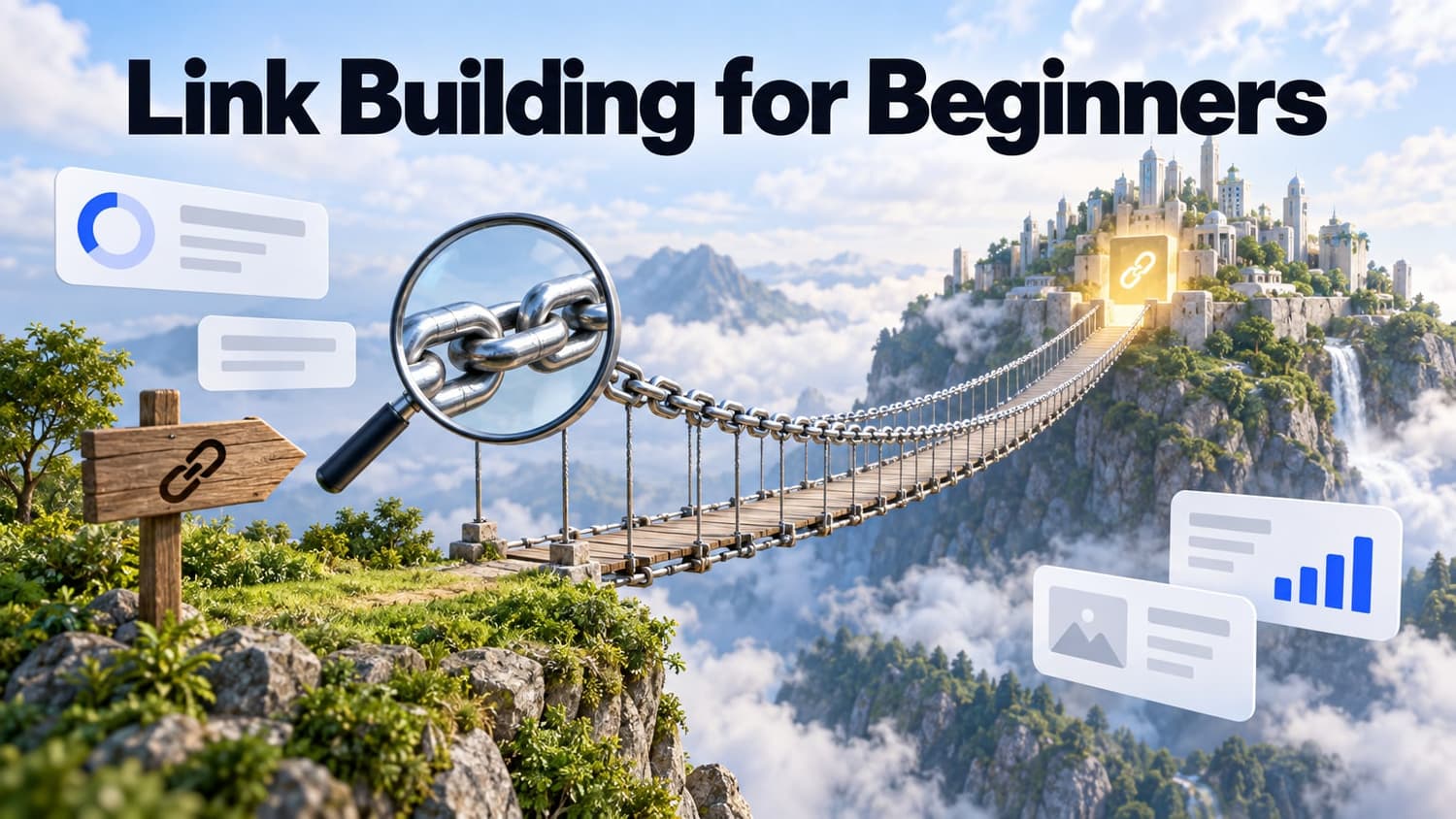 Link Building for Beginners: a suspension bridge with chain-link cables joining a small green island to a mountain city, with a magnifying glass and a signpost