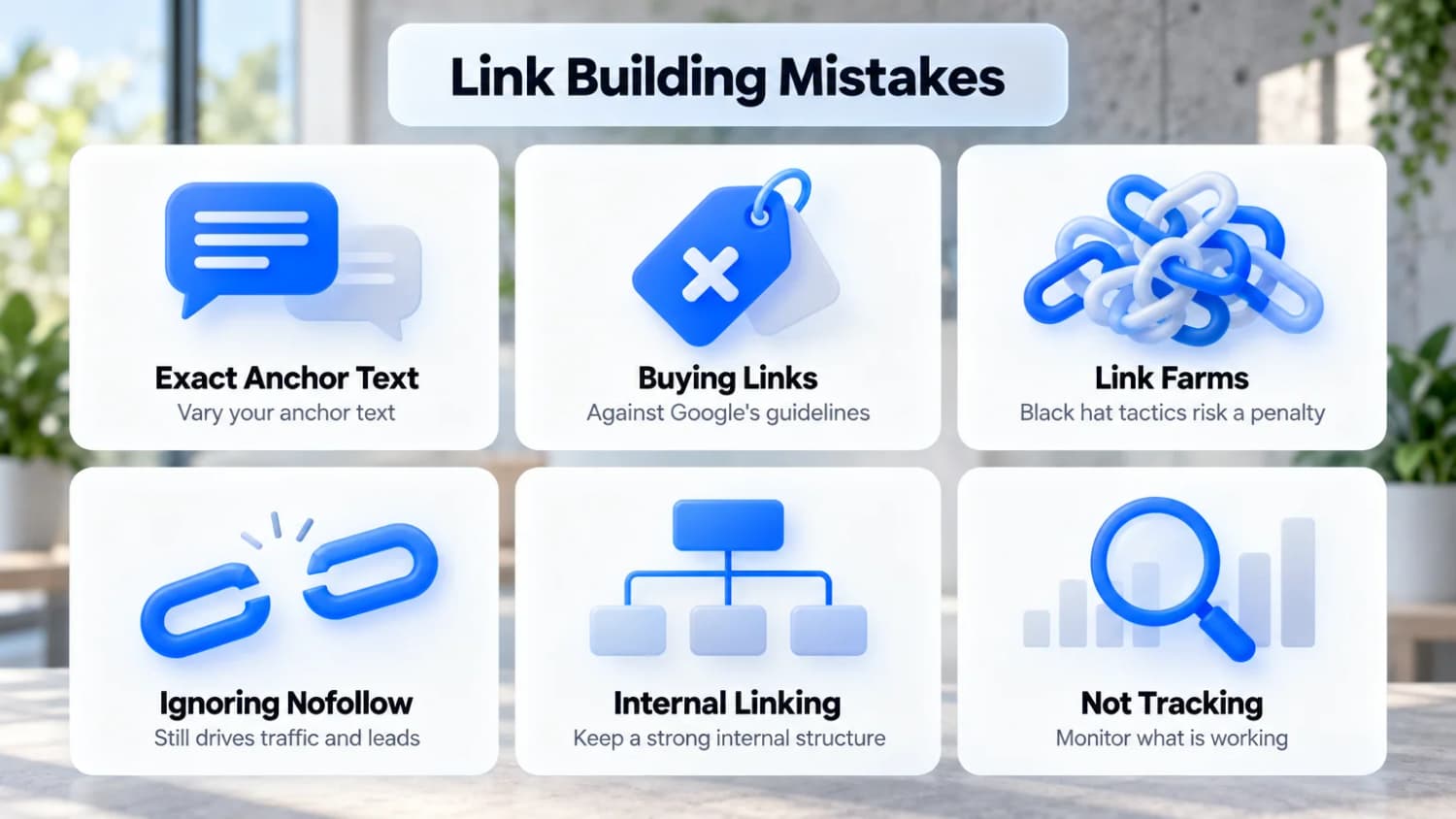 Link Building Mistakes: exact anchor text, buying links, link farms, ignoring nofollow, weak internal linking and not tracking results
