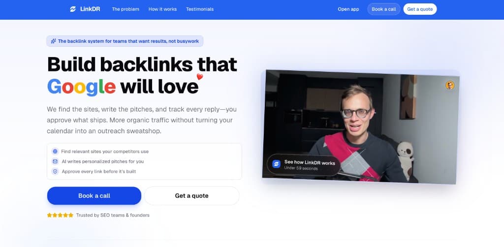 LinkDr homepage showing the promise to build backlinks that Google will love