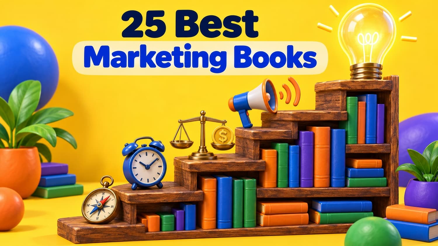 25 best marketing books: a staircase bookshelf of colourful books topped by a lightbulb, with a megaphone, scales, a clock and a compass.