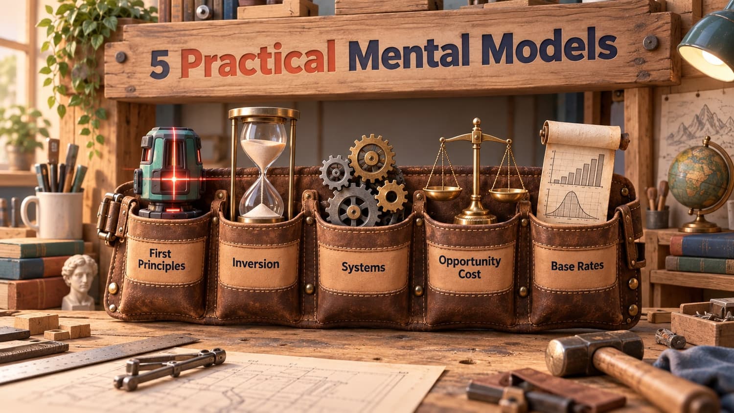 5 Practical Mental Models: A leather tool belt on a workbench holding five distinct conceptual tools representing key mental frameworks.