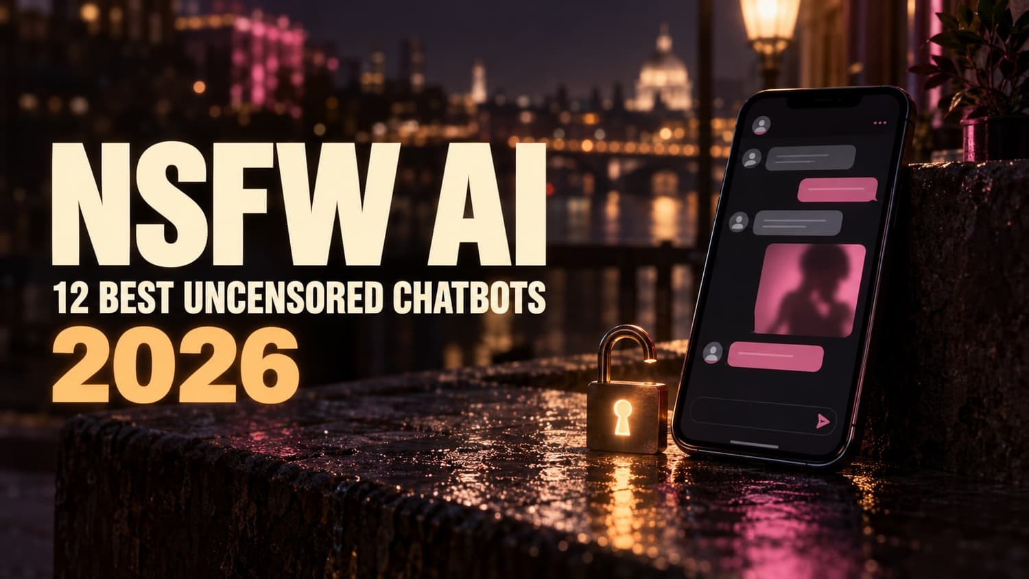 NSFW AI: the 12 best uncensored chatbots of 2026, shown as a private chat on a phone next to an open padlock