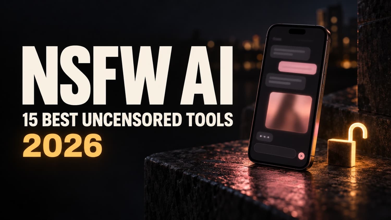 NSFW AI: the 15 best uncensored chat and image tools of 2026, shown as a private chat on a phone next to an open padlock