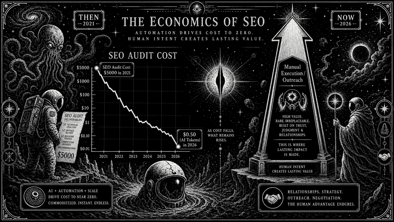 Line graph showing the price of an SEO audit dropping from thousands to fifty cents