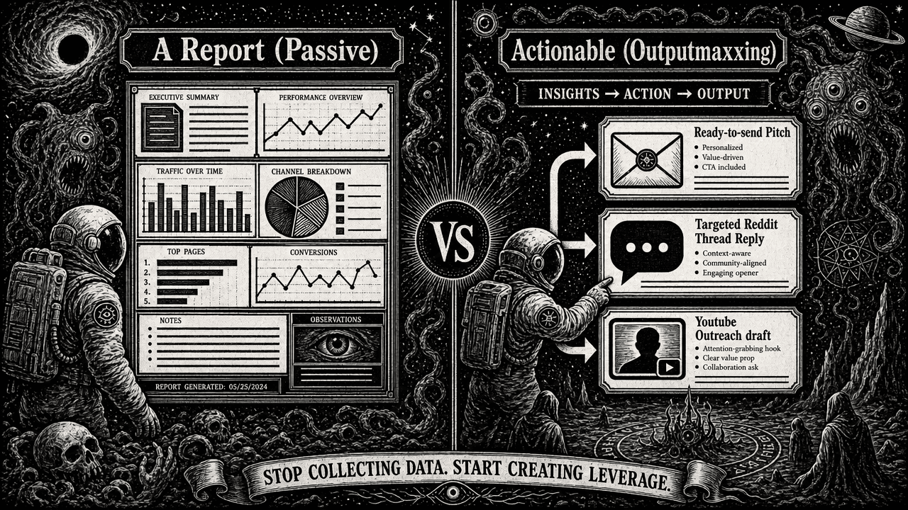 Comparison layout of a passive analytical report vs an interactive output system with active work items