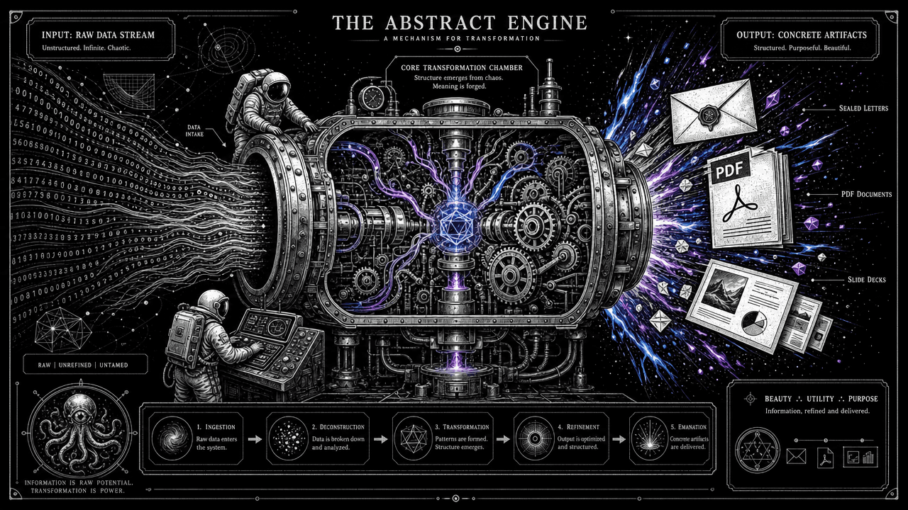 An abstract engine design showing reports transforming directly into concrete valuable outputs