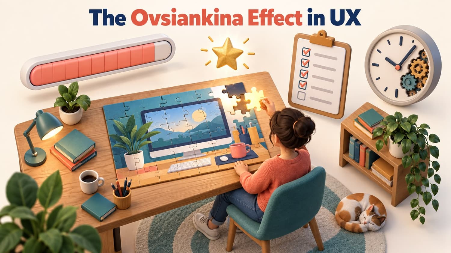 The Ovsiankina effect in UX: a person places the last piece of a jigsaw puzzle, beside an almost-full progress bar and a nearly finished checklist.