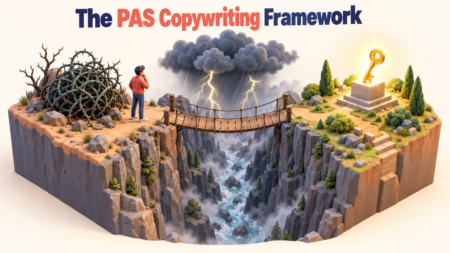The PAS copywriting framework as a canyon: a tangled problem on one side, a storm of agitation over the gap, and a golden key as the solution.