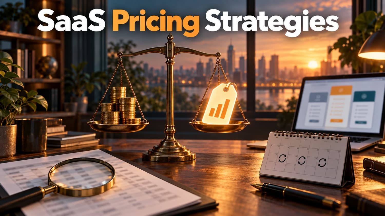 SaaS Pricing Strategies: a brass balance scale holding gold coins and a glowing price tag, beside a magnifying glass, a desk calendar and a laptop