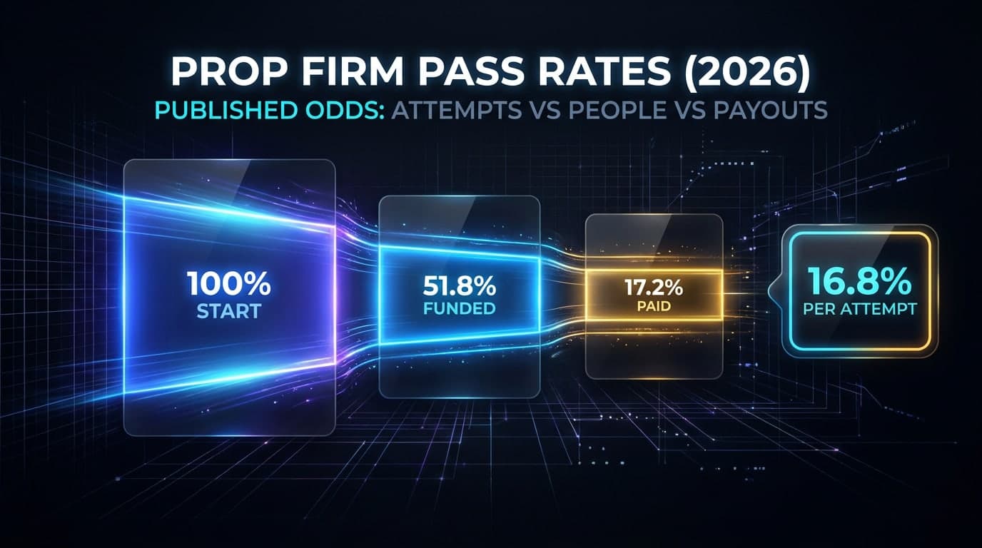 Prop firm pass rates in 2026: neon funnel chart showing 100% start, 51.8% funded, and 17.2% paid alongside 16.8% per attempt.