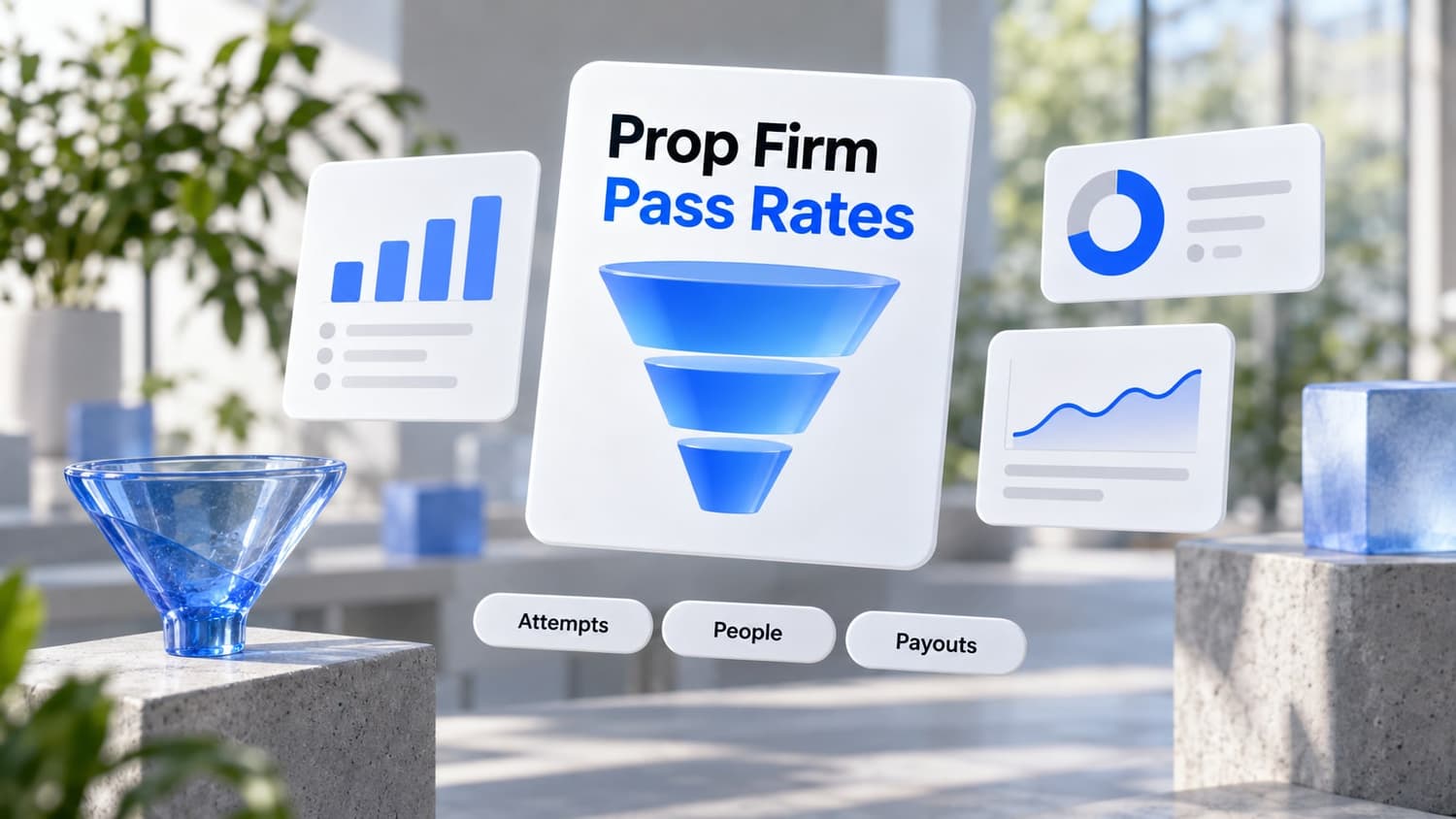 Prop firm pass rates: a funnel chart narrowing in three steps, with chips for attempts, people and payouts.