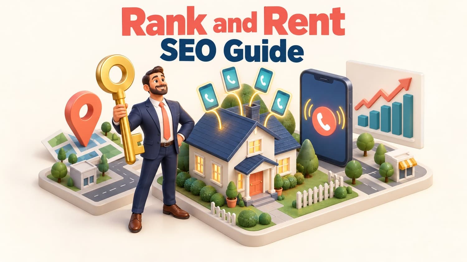 Rank and Rent SEO Guide: A digital landlord holding a golden key next to a model home sprouting phone icons under a localized map marker.
