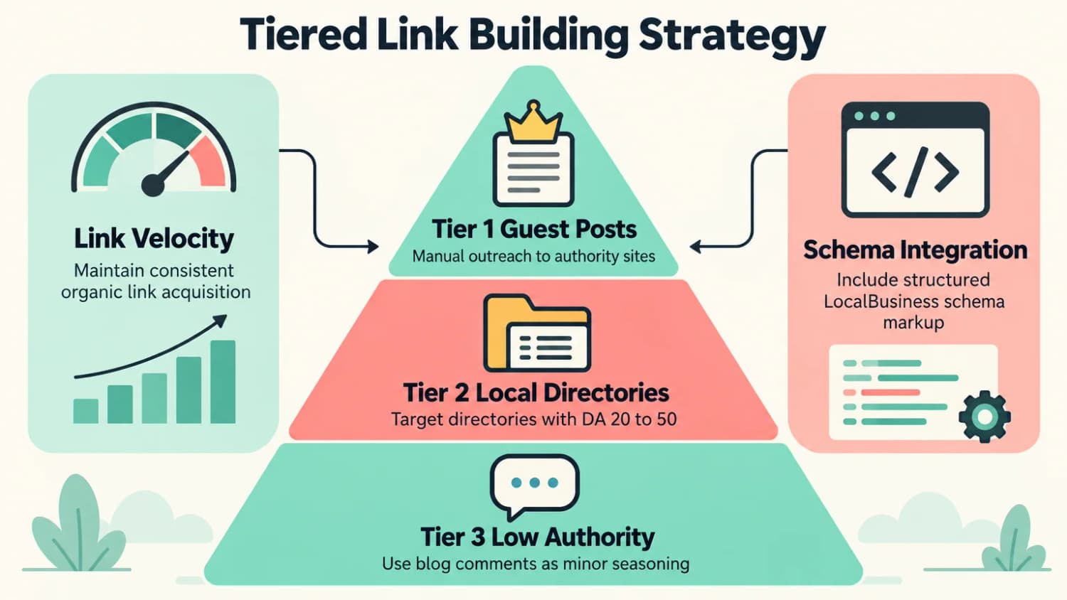 Tiered Link Building Strategy: Tier 1 Guest Posts, Tier 2 Local Directories, Tier 3 Low Authority, Link Velocity, and Schema Integration.
