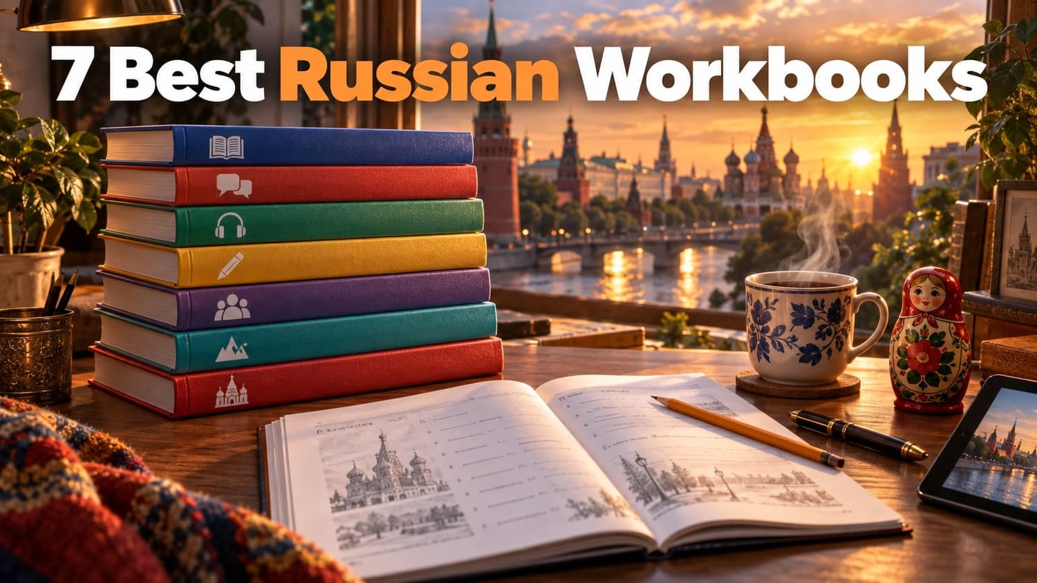 7 Best Russian Workbooks: a golden-hour desk with a stack of workbooks, an open exercise book, a steaming tea mug, a wooden nesting doll and a fountain pen