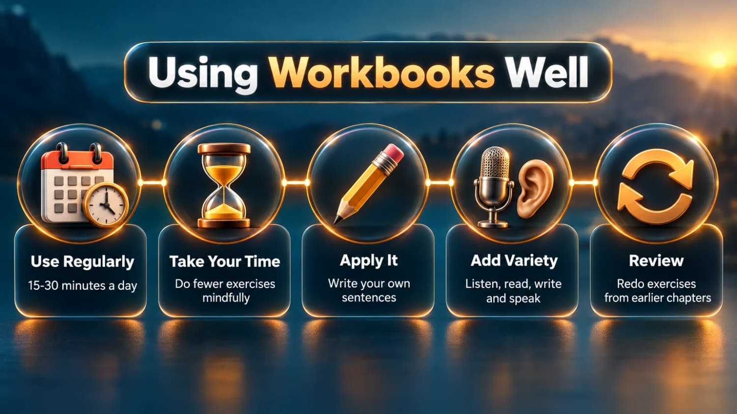 Using Workbooks Well: use them regularly for 15-30 minutes a day, take your time, apply the grammar, add variety and review earlier chapters