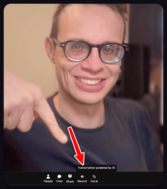 Screenshot of Cal.com's interface showing the recording button and settings during a video call