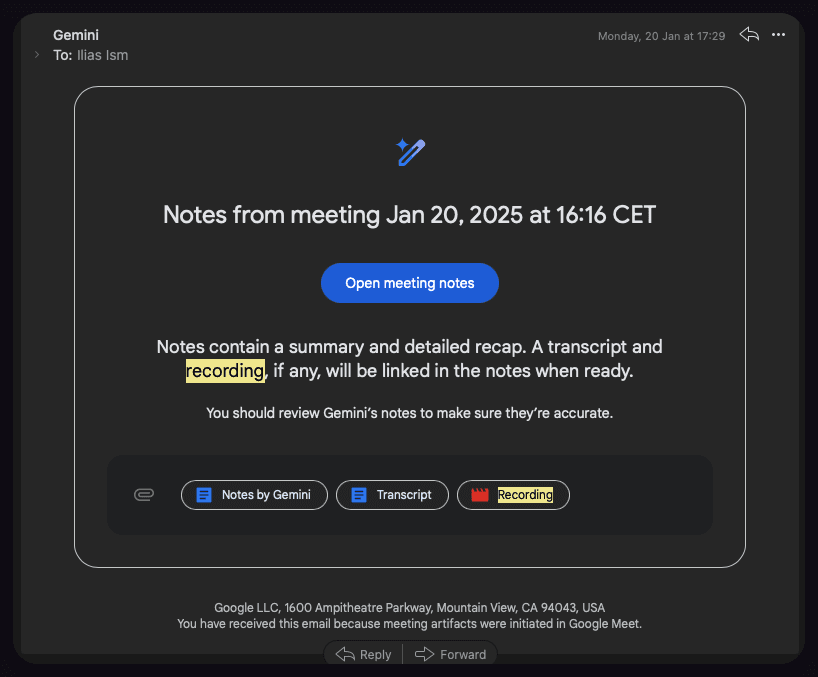 Screenshot showing how to download a Google Meet recording with Gemini transcription, displaying the download options for video and transcript files