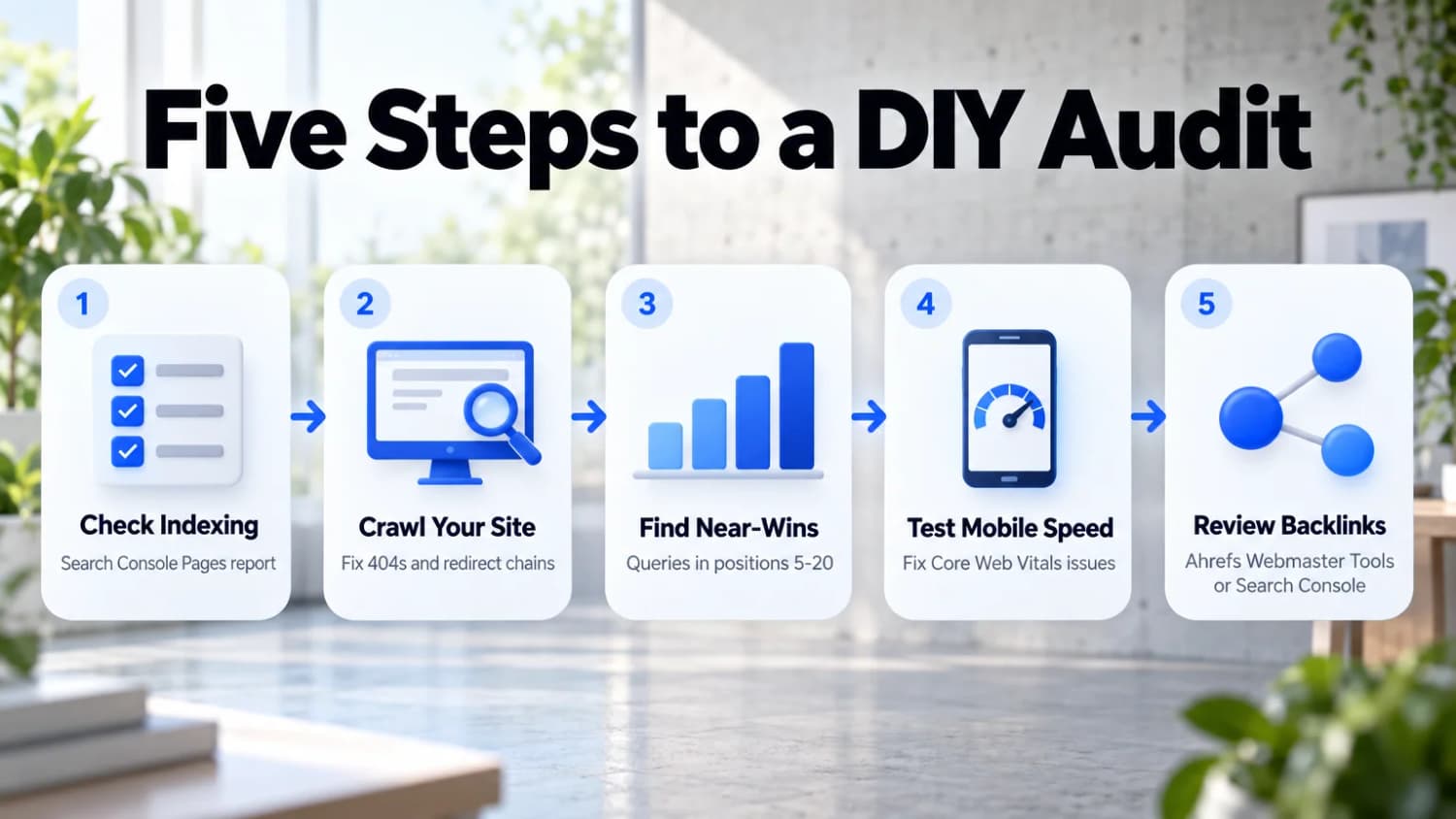 Five Steps to a DIY Audit: check indexing, crawl your site, find near-wins in positions 5-20, test mobile speed and review backlinks