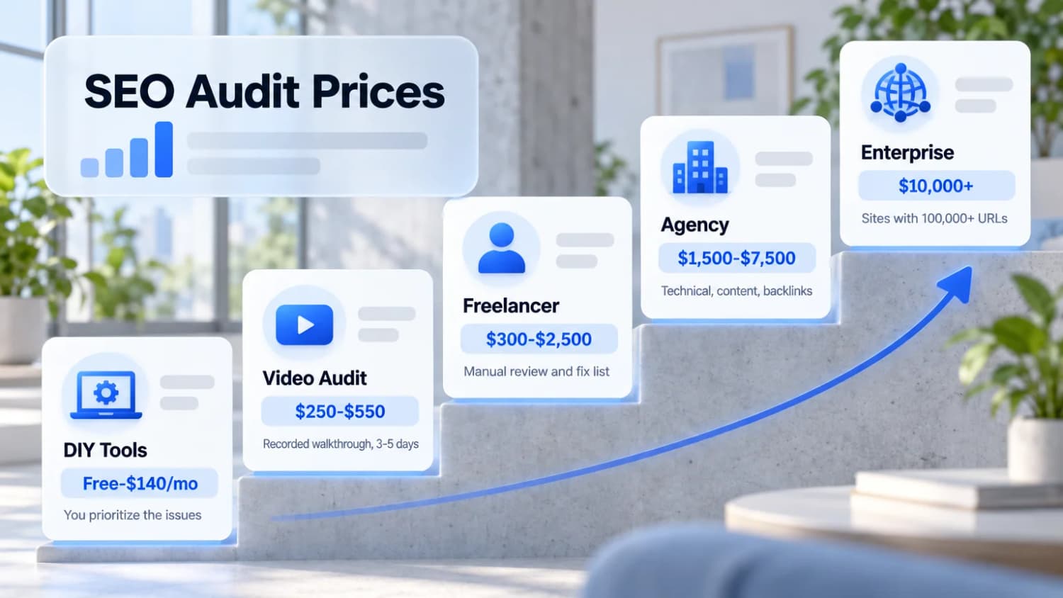 SEO Audit Prices: DIY tools free to $140/mo, video audits $250-$550, freelancers $300-$2,500, agencies $1,500-$7,500 and enterprise audits from $10,000