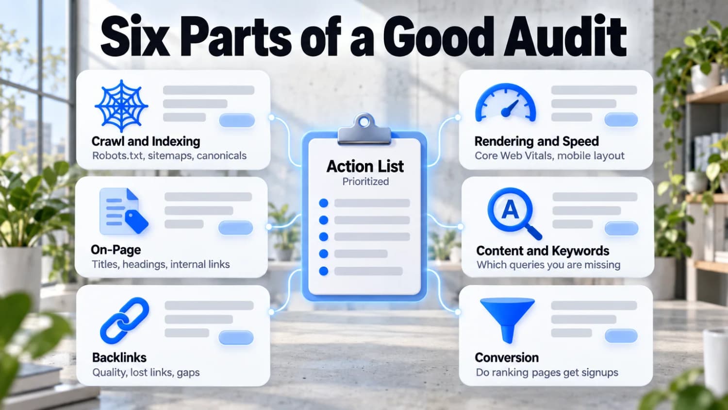 Six Parts of a Good Audit: crawl and indexing, rendering and speed, on-page, content and keywords, backlinks and conversion, ending in a prioritized action list