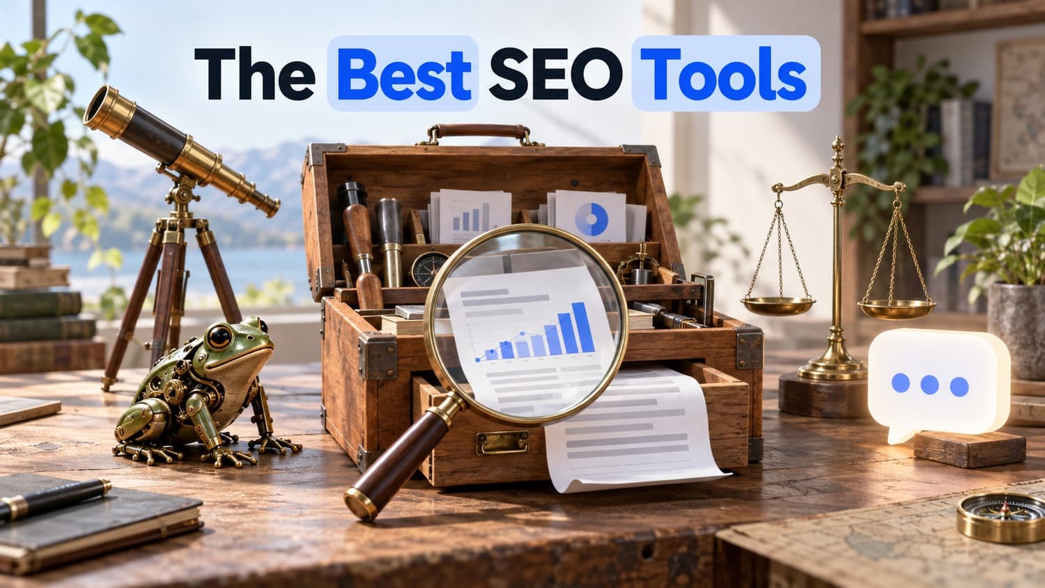 The Best SEO Tools: A wooden toolbox on a workbench surrounded by a mechanical frog, a telescope, a balancing scale, and a speech bubble.