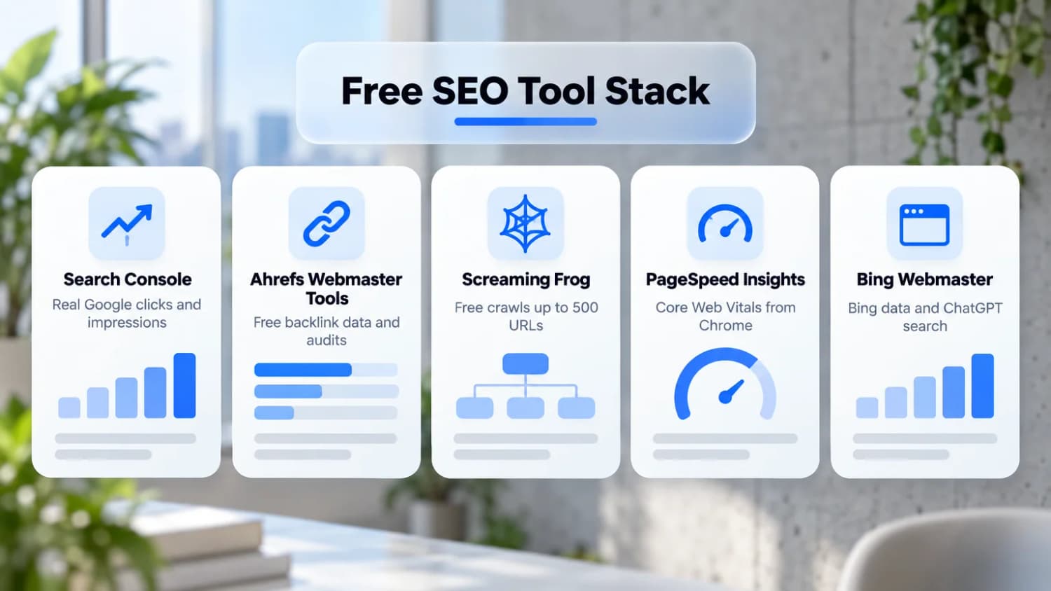 Free SEO Stack: Search Console clicks, Ahrefs Webmaster Tools backlinks, Screaming Frog crawls, PageSpeed vitals, and Bing Webmaster data.