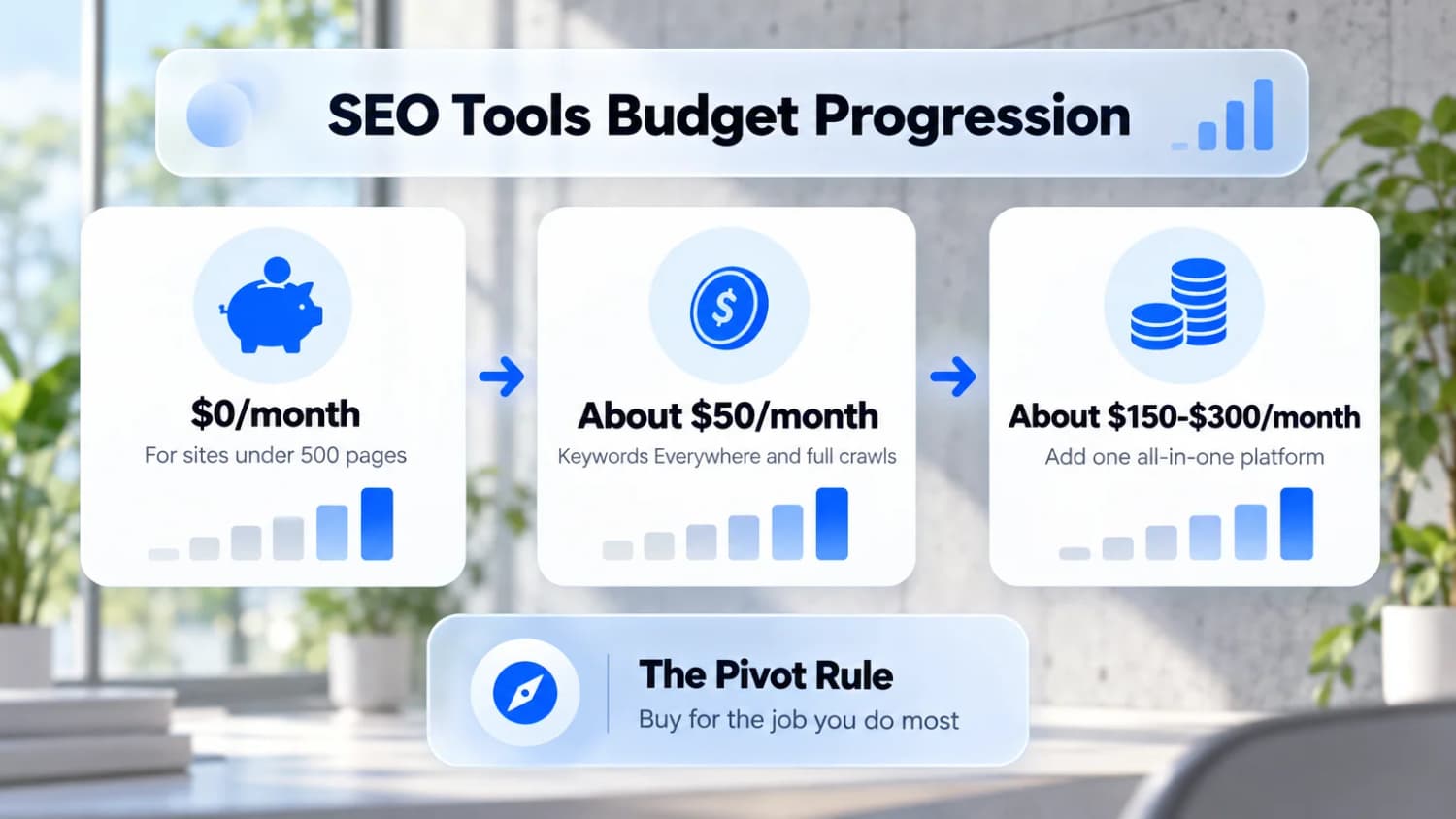SEO Tools Budget Progression: $0/month for sites under 500 pages, $50/month for keywords and crawls, and $150 to $300/month for all-in-one platforms.