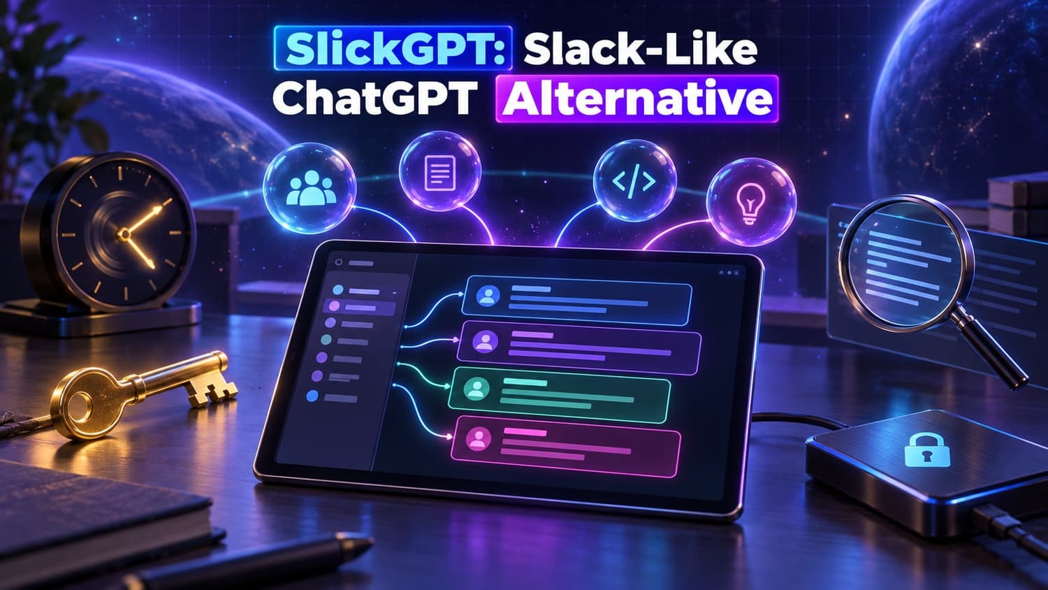 SlickGPT: Slack-Like ChatGPT Alternative: A digital workbench with a tablet organizing chats next to a gold API key, desk clock, and local drive.