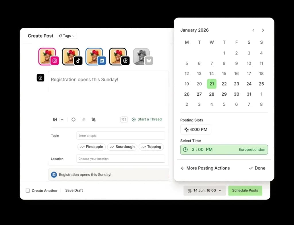 Buffer's create-post composer with Instagram, TikTok, LinkedIn, and Threads selected, beside a January 2026 date picker and a 6:00 PM posting slot.