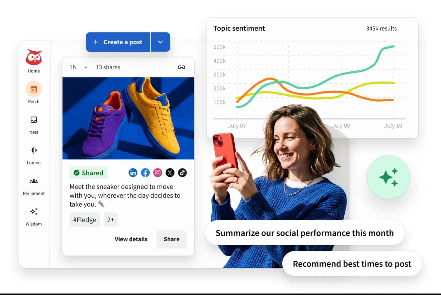 Hootsuite's publishing view with a Create a post button, a shared post, and icons for LinkedIn, Facebook, Instagram, X, and TikTok.