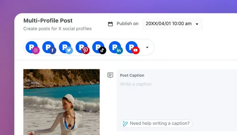 Later's multi-profile composer with a photo, a caption field, and icons for Instagram, Facebook, Pinterest, TikTok, LinkedIn, and YouTube.