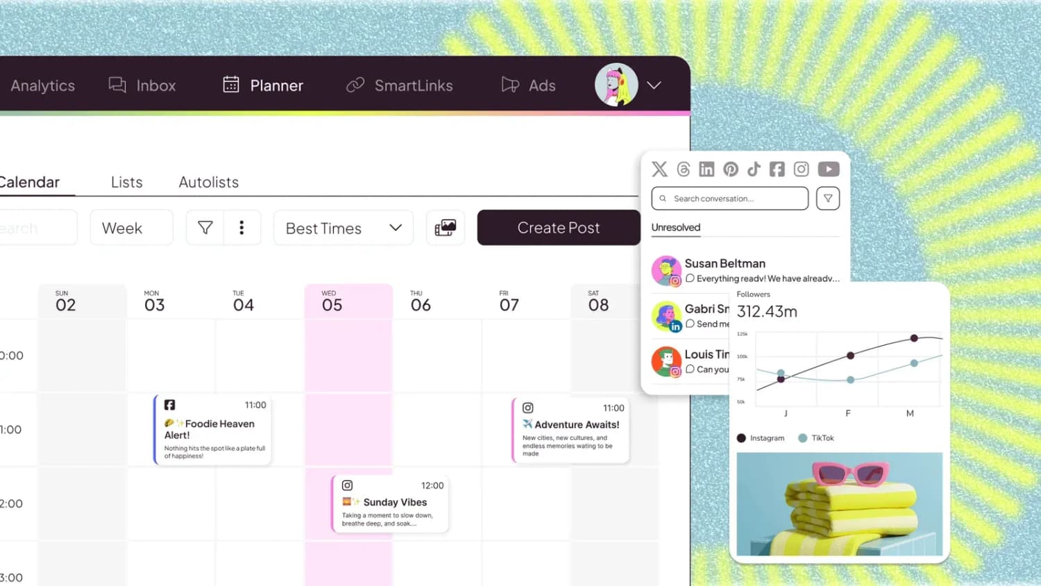 Metricool's planner calendar with Facebook and Instagram posts, an inbox of comments, and an Instagram versus TikTok chart.