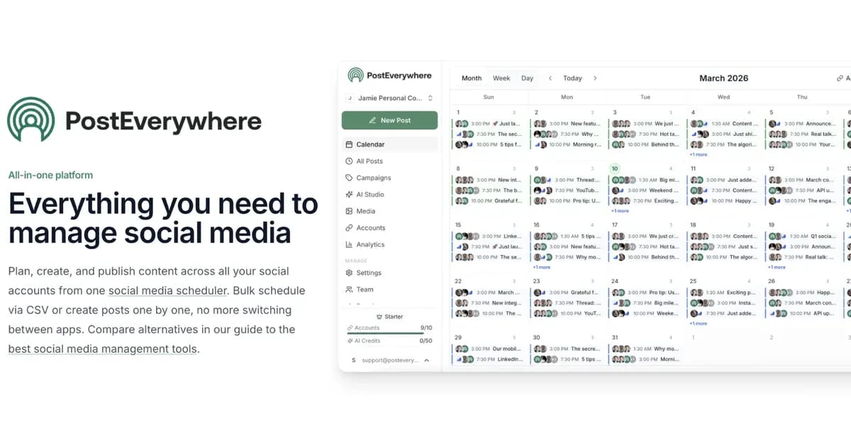 PostEverywhere calendar for March 2026, with scheduled posts across the month and a sidebar for Calendar, Campaigns, AI Studio, and Analytics.