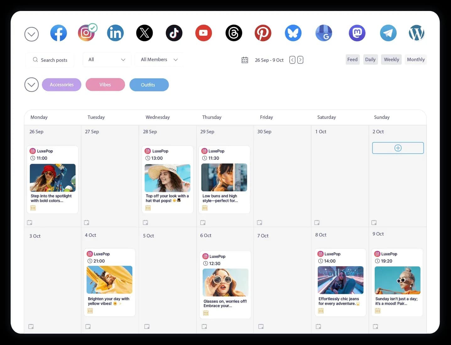Publer's weekly calendar with scheduled Instagram posts and a top row of Facebook, Instagram, LinkedIn, X, TikTok, YouTube, Pinterest, and more.