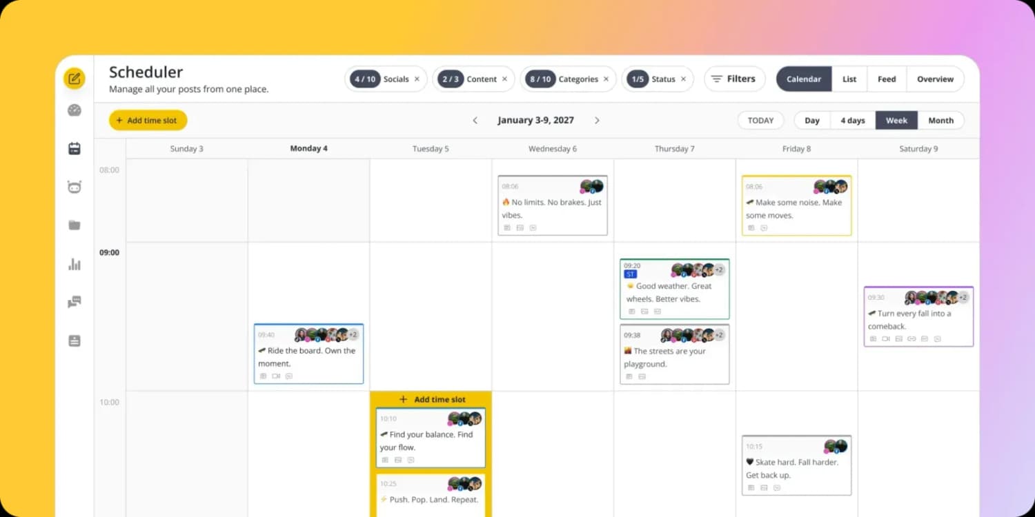 SocialBee's weekly scheduler with posts in color-coded slots, category filters, and Day, Week, and Month views.