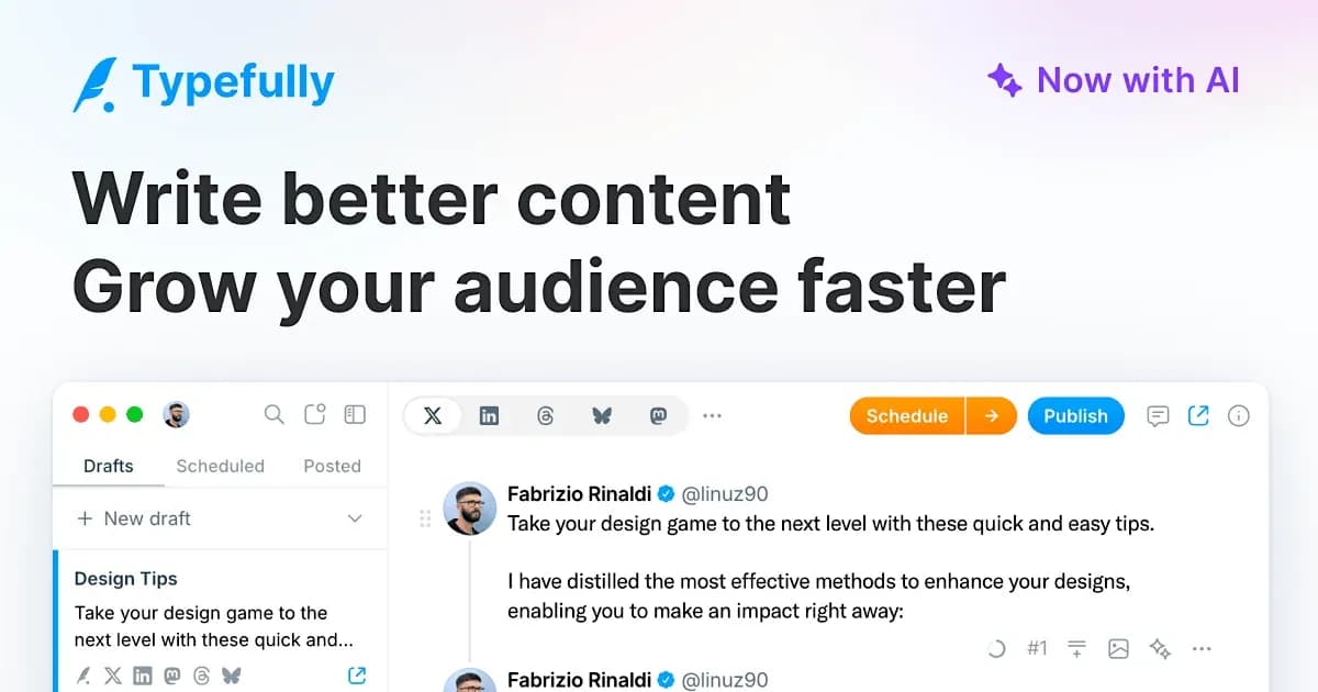 Typefully's editor with a draft thread, Schedule and Publish buttons, and channel tabs for X, LinkedIn, Threads, Bluesky, and Mastodon.