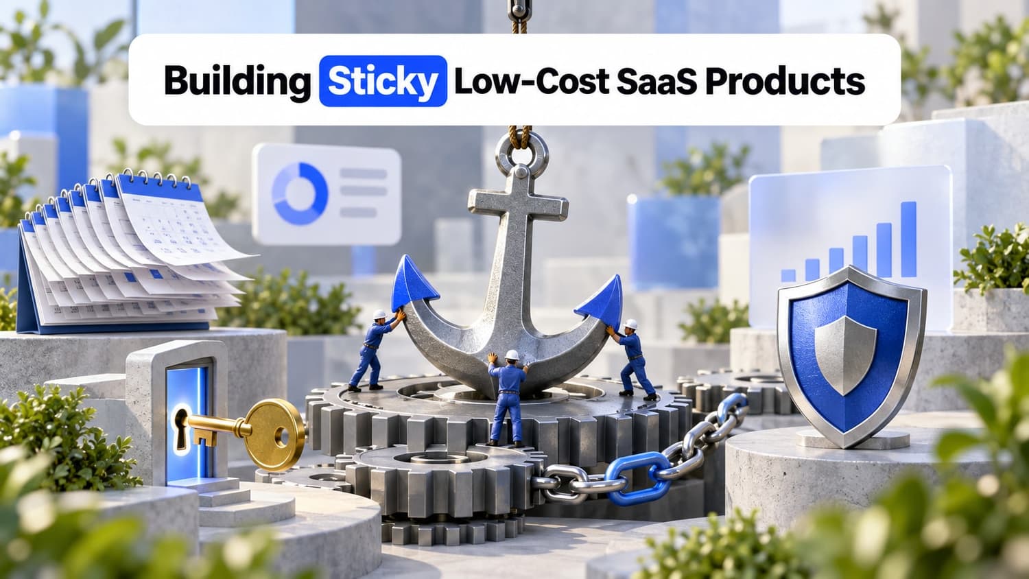 Building Sticky Low-Cost SaaS Products: A giant magnetic anchor is lowered onto a rotating gear platform surrounded by a calendar, a key, and a shield.