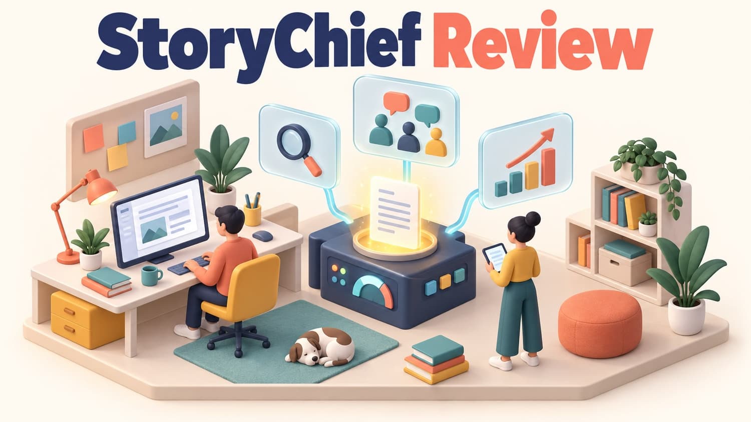 StoryChief Review: an isometric desk with a control console receiving a glowing document and plaques showing a magnifying glass, speech bubbles and a bar chart