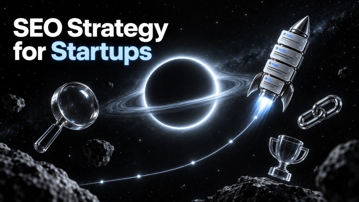 SEO strategy for startups: a rocket built from search results climbs a growth curve past a magnifying glass, a link chain and a trophy.