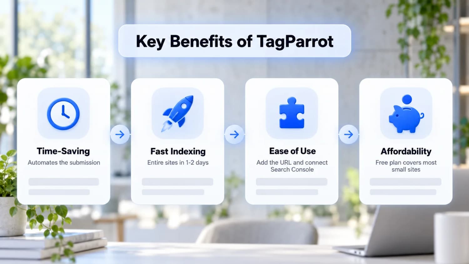 Key Benefits of TagParrot: time-saving automation, fast indexing in 1-2 days, ease of use with Search Console and a free plan for small sites