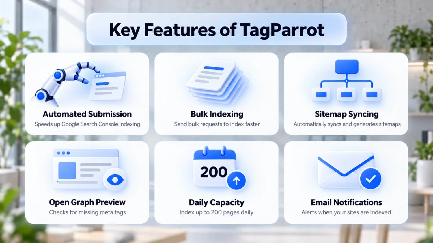 Key Features of TagParrot: automated submission, bulk indexing, sitemap syncing, Open Graph preview, 200 pages a day and email notifications