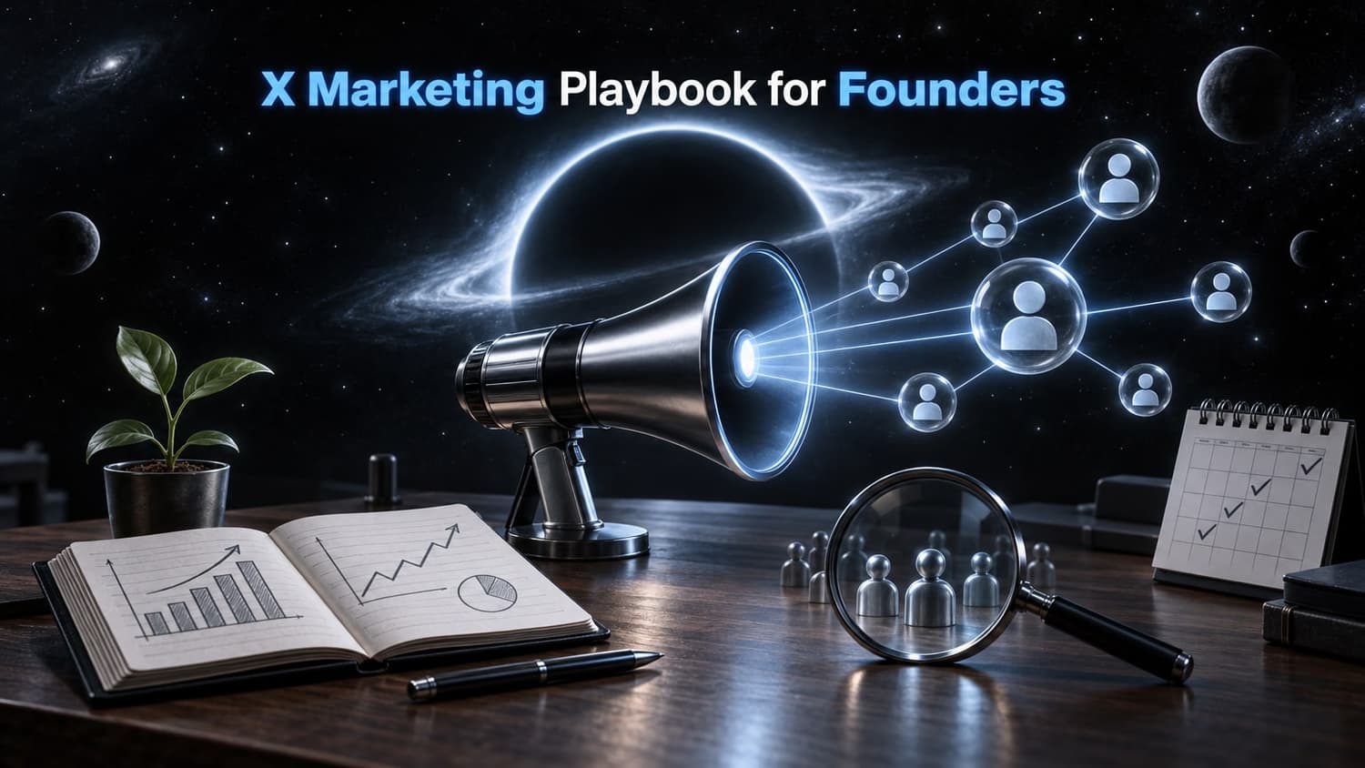 X Marketing Playbook for Founders: A megaphone on a desk projects a glowing network of followers next to a notebook, a calendar, and a seedling.