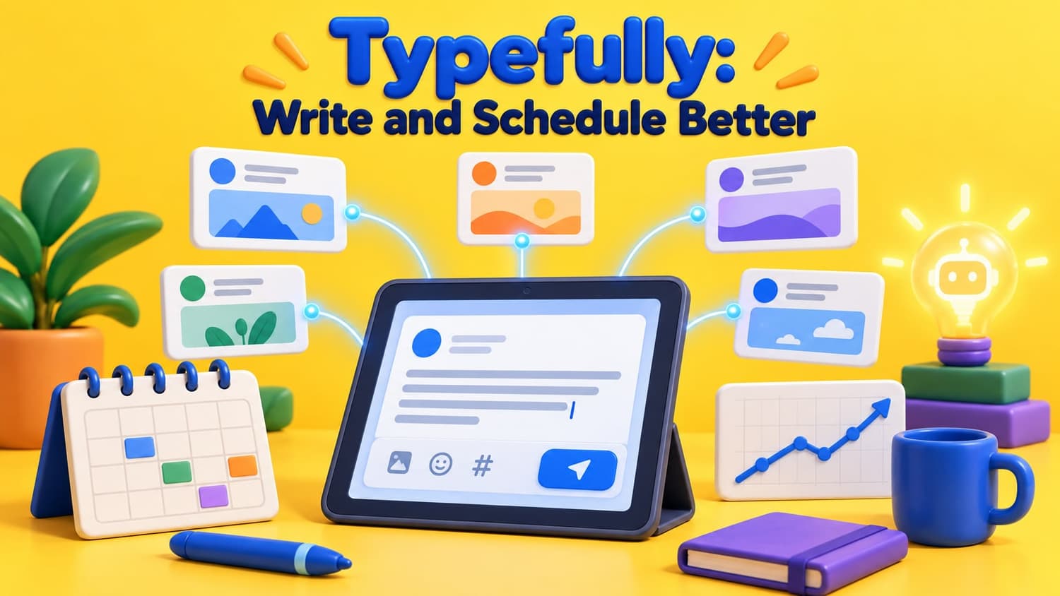 Typefully, write and schedule better: a tablet with a draft post linked to five post cards, beside a calendar, a growth chart and a lightbulb.
