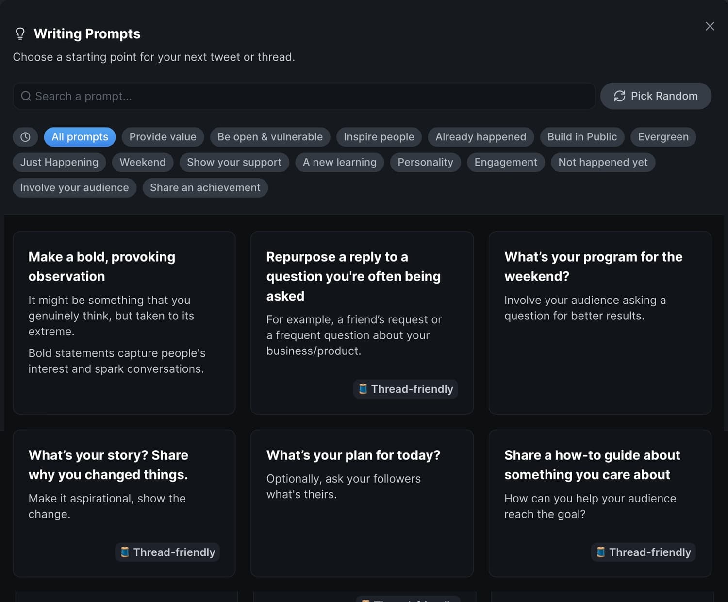 Typefully collected a list of writing prompts to help you get started with your next tweet or thread.