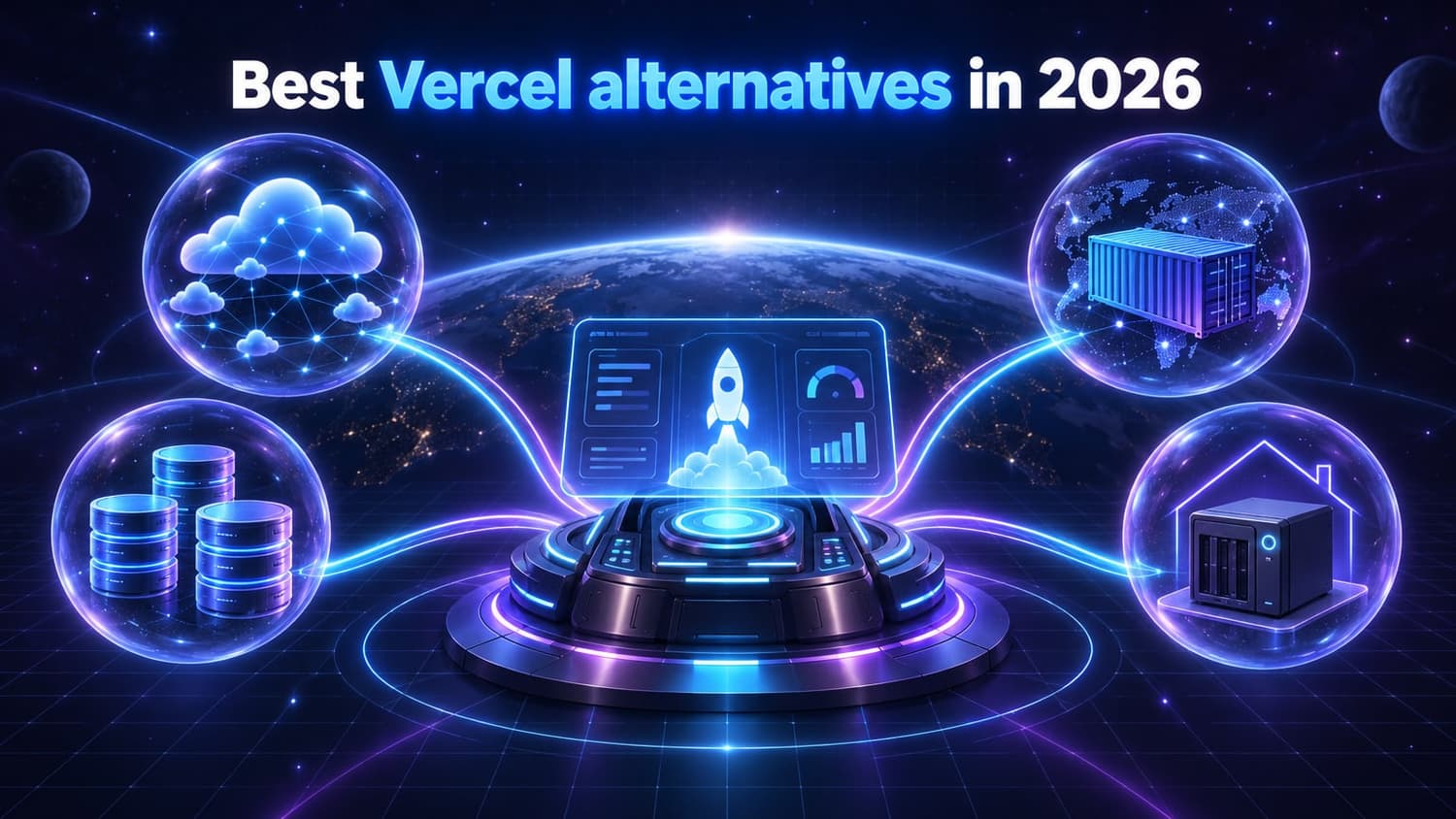 Best Vercel alternatives in 2026: A central launch console with paths leading to an edge cloud, a database cylinder, a shipping container, and a home server.
