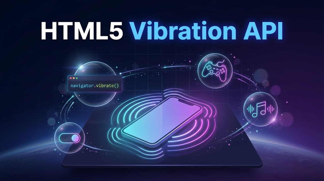 HTML5 Vibration API: a phone with haptic ripples beside navigator.vibrate() code, a game controller, a music note and a toggle.