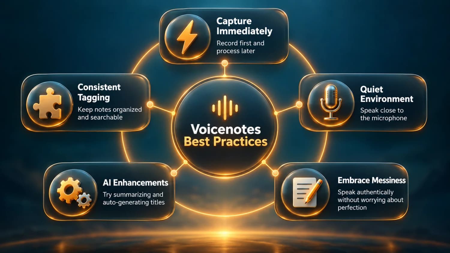 Voicenotes Best Practices: Capture immediately, use quiet environments, embrace messiness, try AI tools, and tag notes consistently.