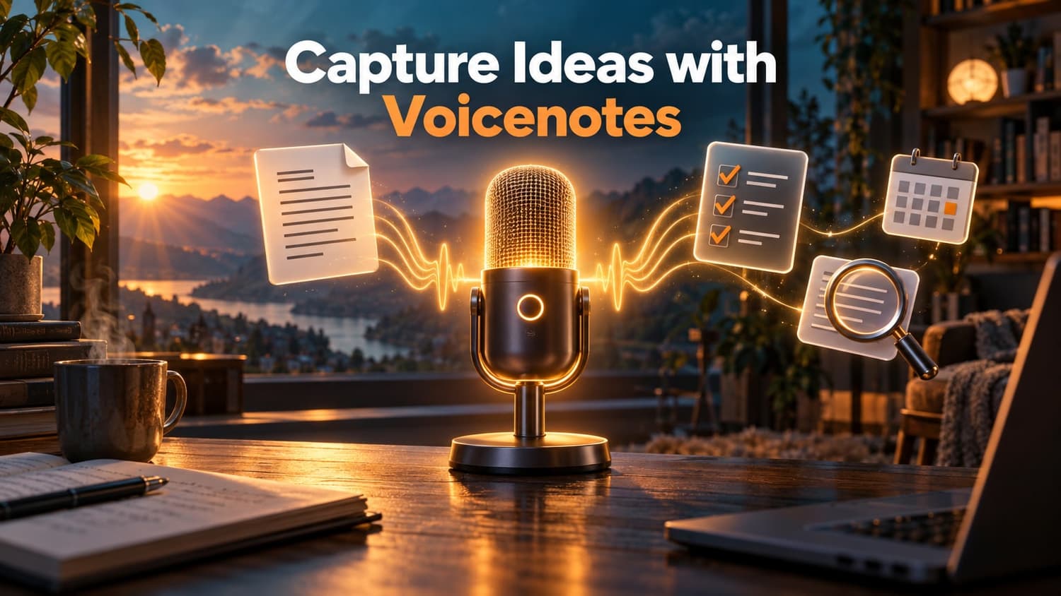 Capture Ideas with Voicenotes: A central microphone with sound waves transforming into a document, a checklist, a calendar, and a magnifying glass.