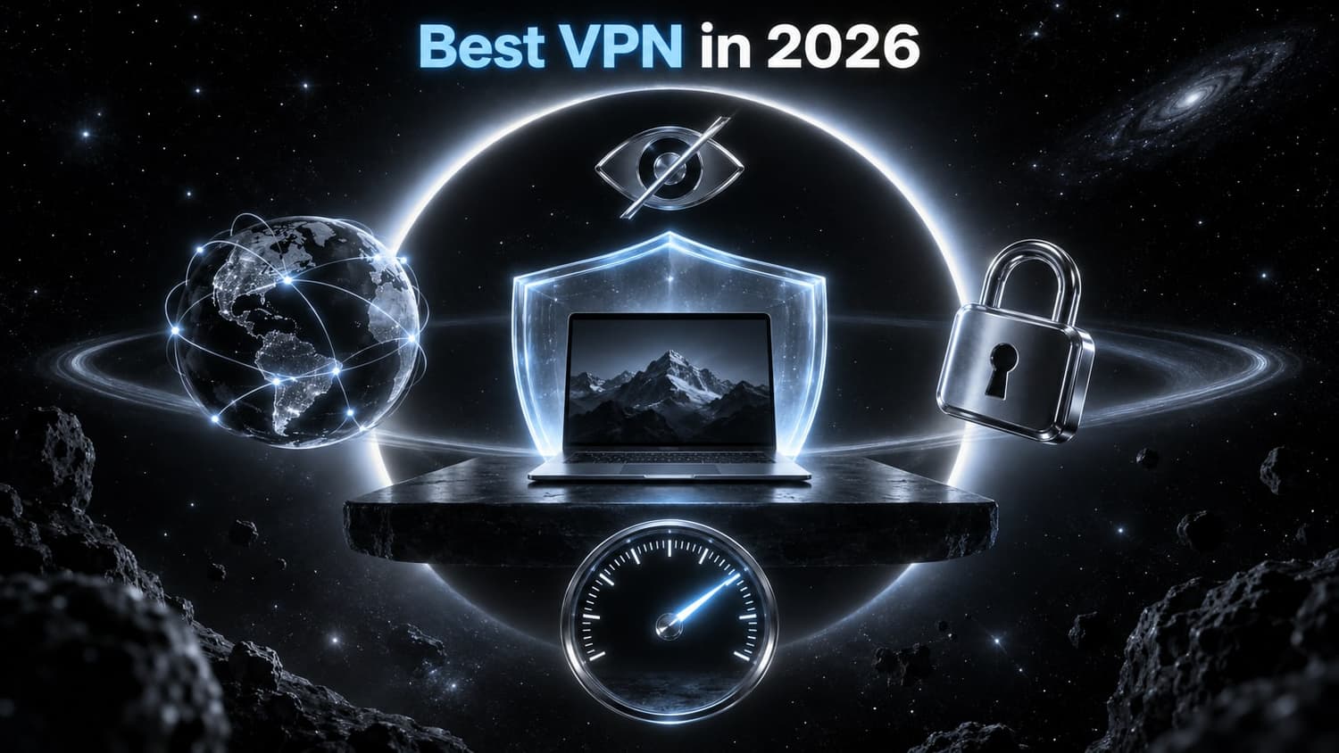 Best VPN in 2026: A glowing shield protecting a laptop surrounded by a globe, a padlock, a speedometer, and a crossed-out eye symbol.
