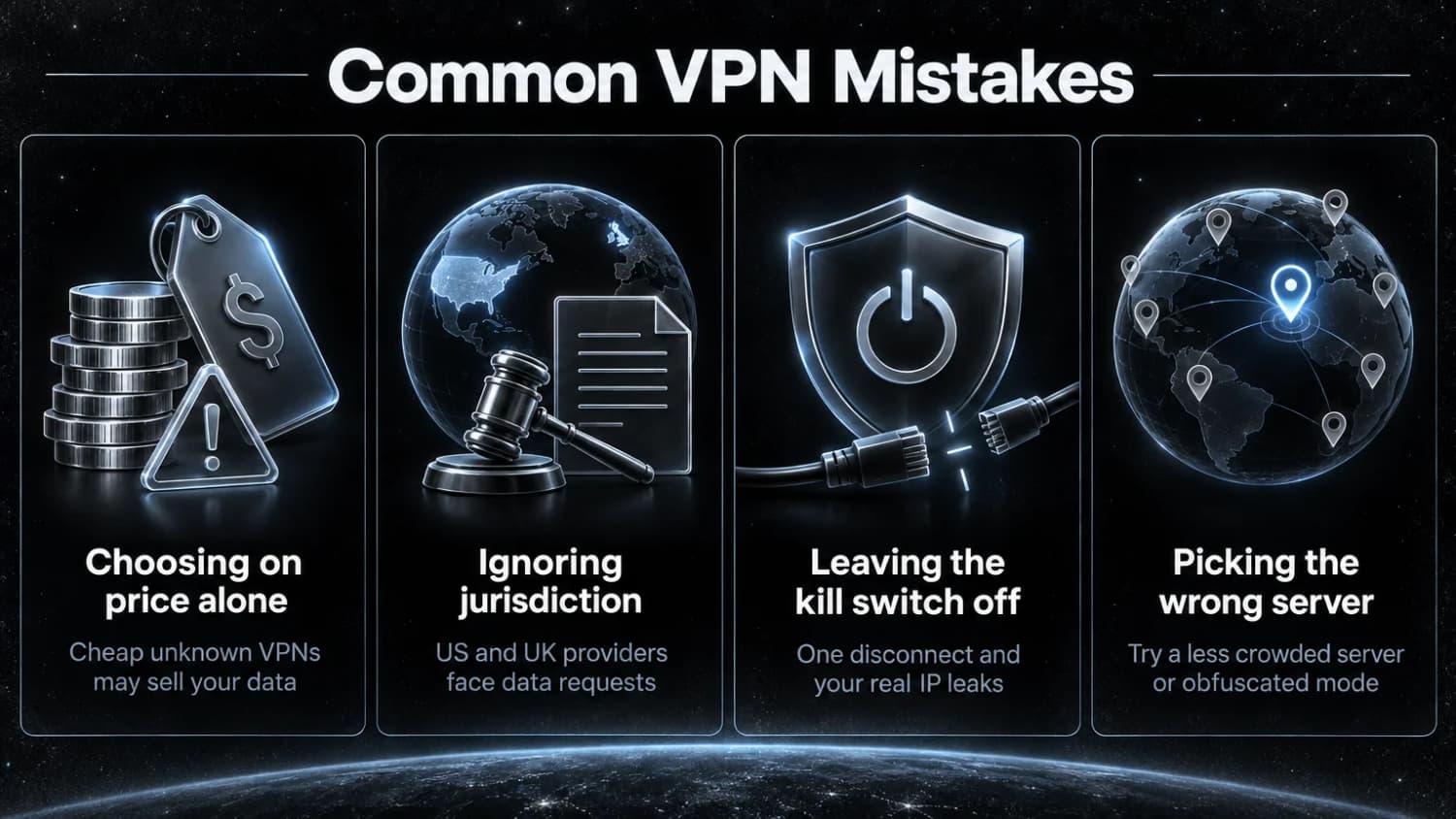 Common VPN mistakes: choosing on price alone, ignoring jurisdiction, leaving the kill switch off, and picking the wrong server.
